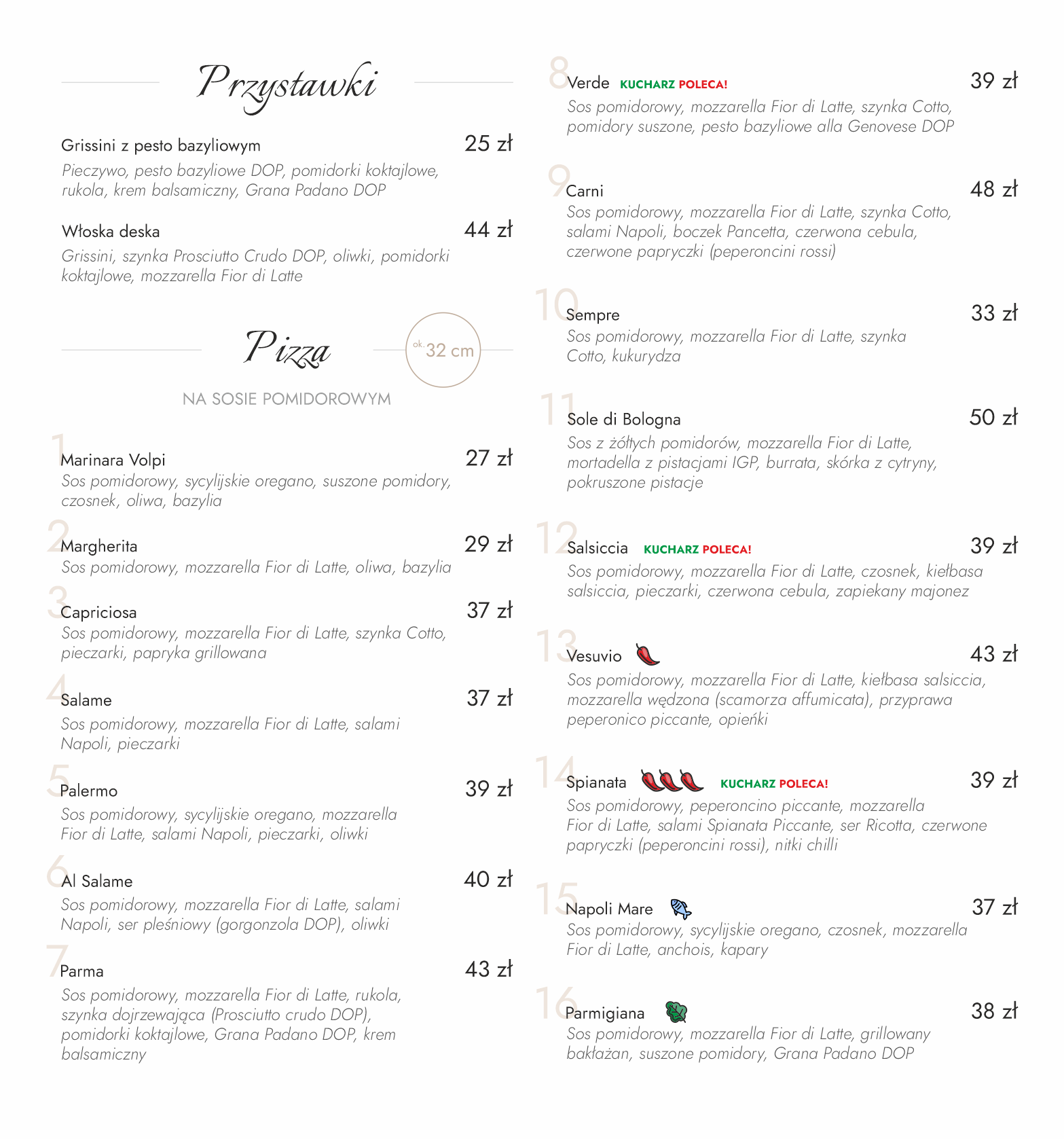 Menu Pizzerii Volpi strona 1 — przystawki i pizza na sosie pomidorowym z cenami