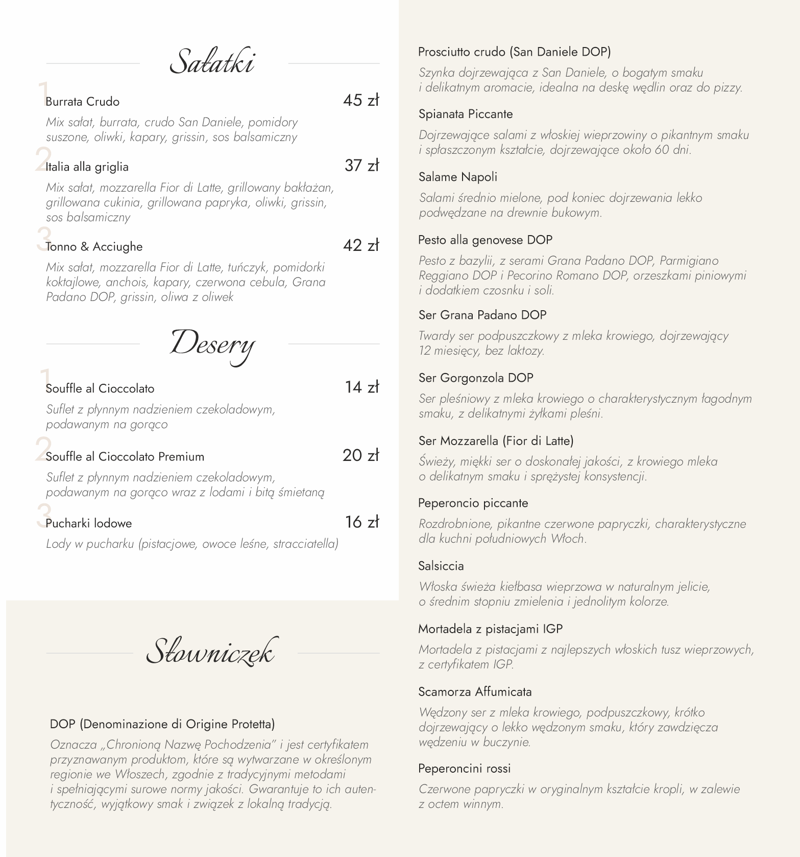 Menu Pizzerii Volpi strona 3 — sałatki, desery i słowniczek składników