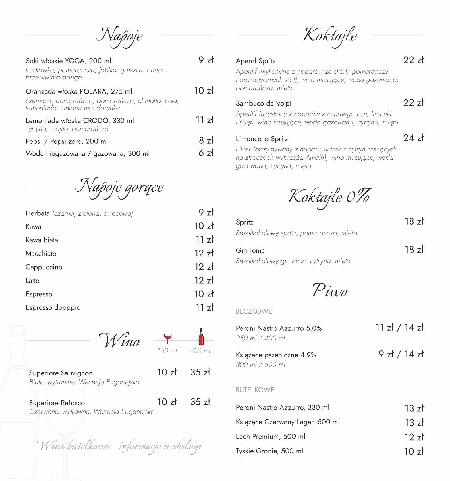 Menu Pizzerii Volpi strona 4 — napoje, kawa, wino i koktajle